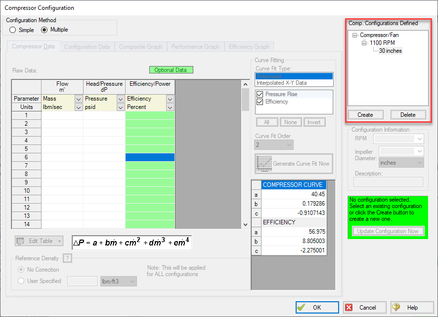 The Compressor Configuration window with the Multiple Configuration option selected is shown with the Comp Configurations Defined section indicated by a red square.